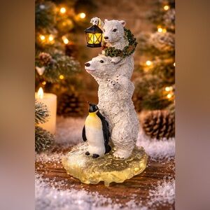 Vintage Polar Bear & Penguin Winter Figurine Lantern Christmas Decor Resin